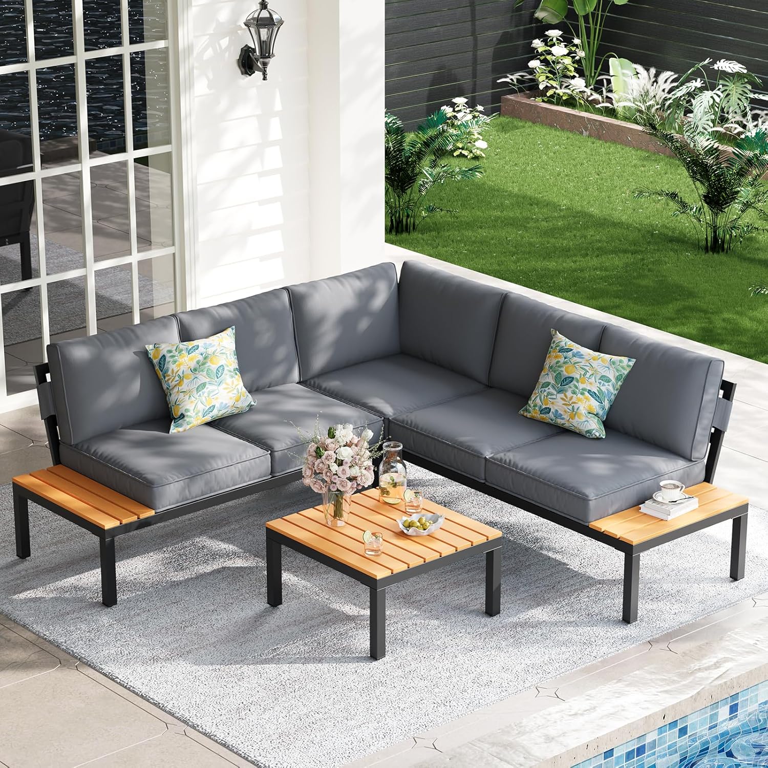 Outdoor Furniture Grey - 5 Seat Patio Sectional Metal Frame
