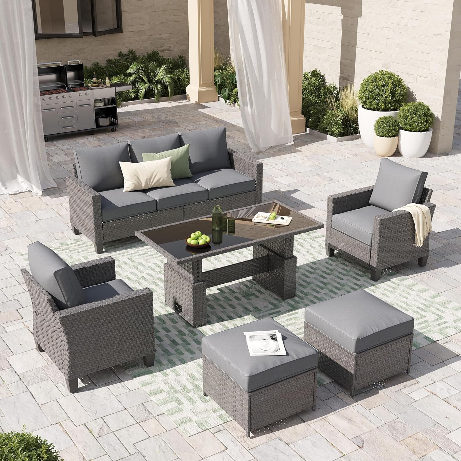 Outdoor Furniture Grey - 6pcs Grey PE Rattan Outdoor Sectional