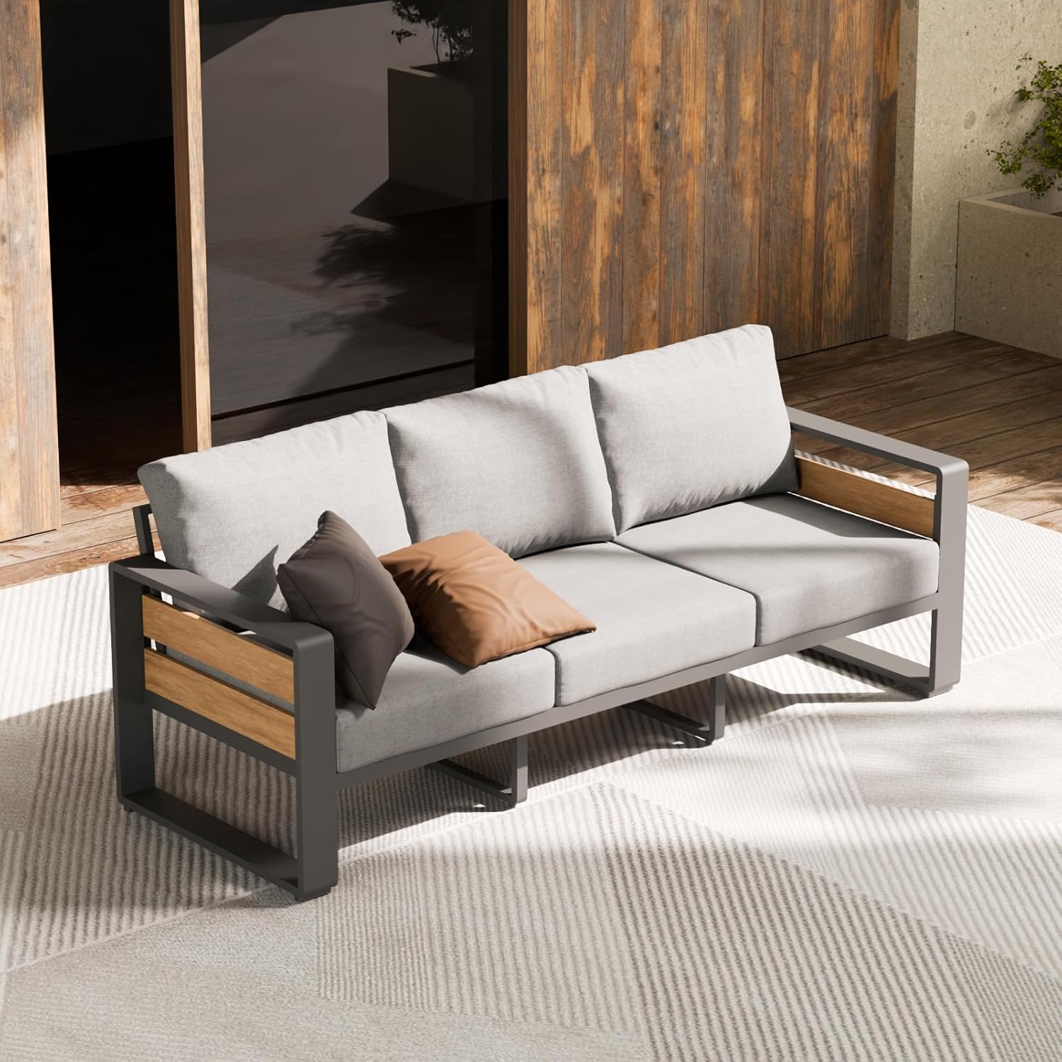 Outdoor Furniture Grey - 3-Seat All-Weather Aluminum Outdoor Sofa with