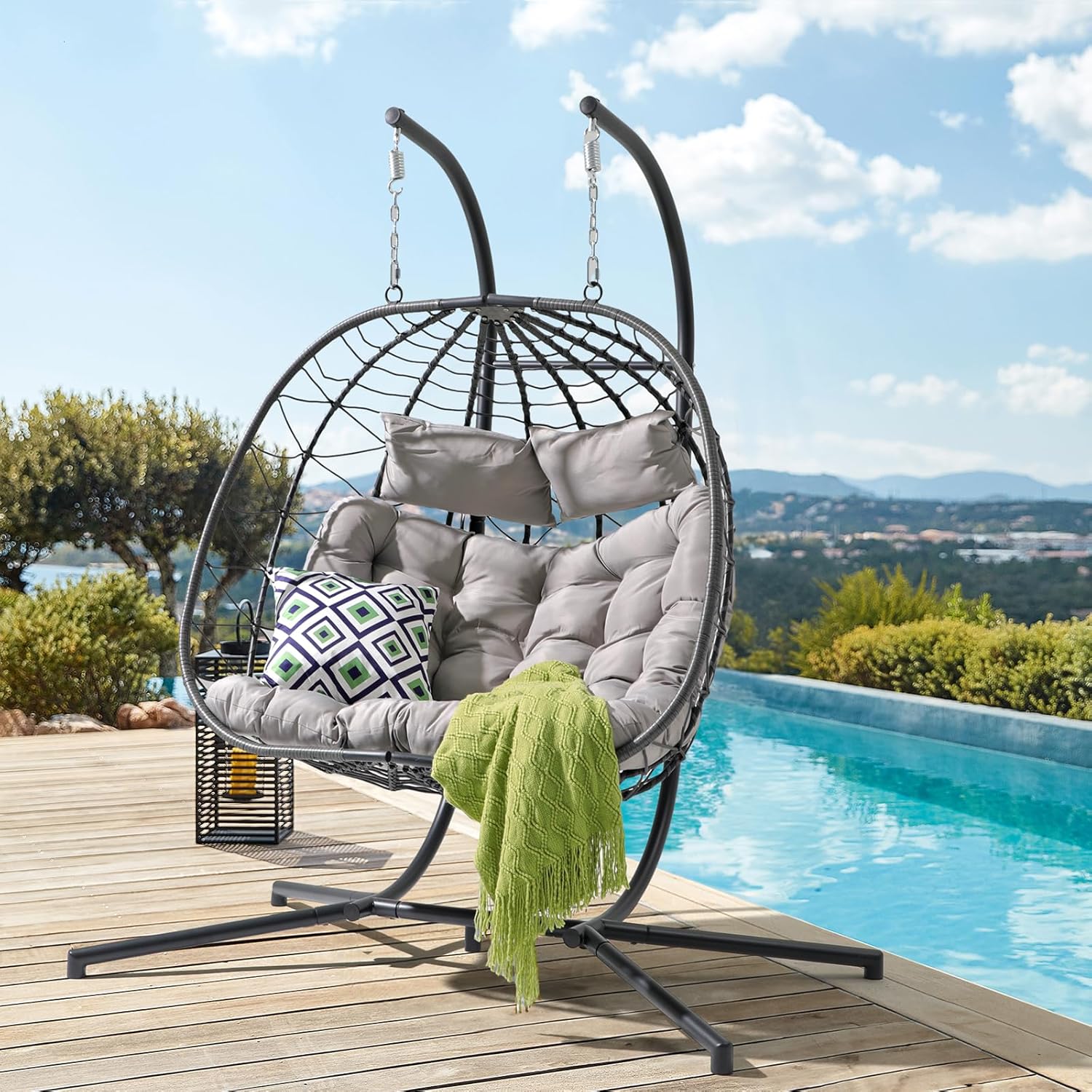 Outdoor Furniture Grey - Double Egg Swing Chair with Stand,
