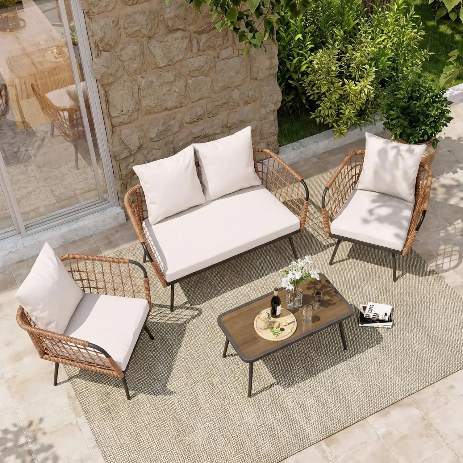 Outdoor Furniture Balcony - 4 Piece Rattan Outdoor Furniture Set
