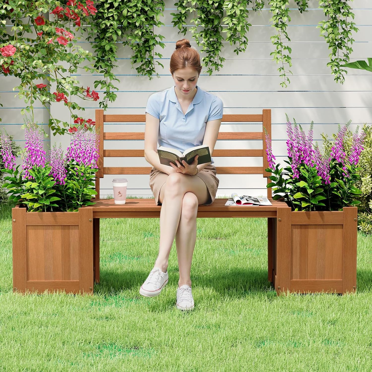 2-in-1 Wood Outdoor Bench with - Outdoor Furniture Oil Teak のレビューと価格