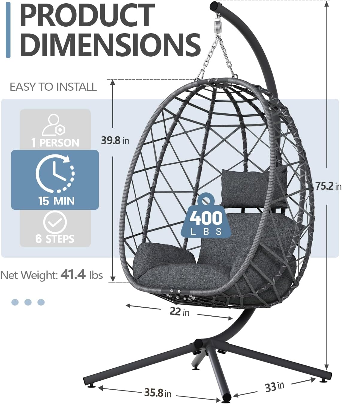 Hanging Egg Chair with Stand,  - Outdoor Furniture Grey のレビューと価格