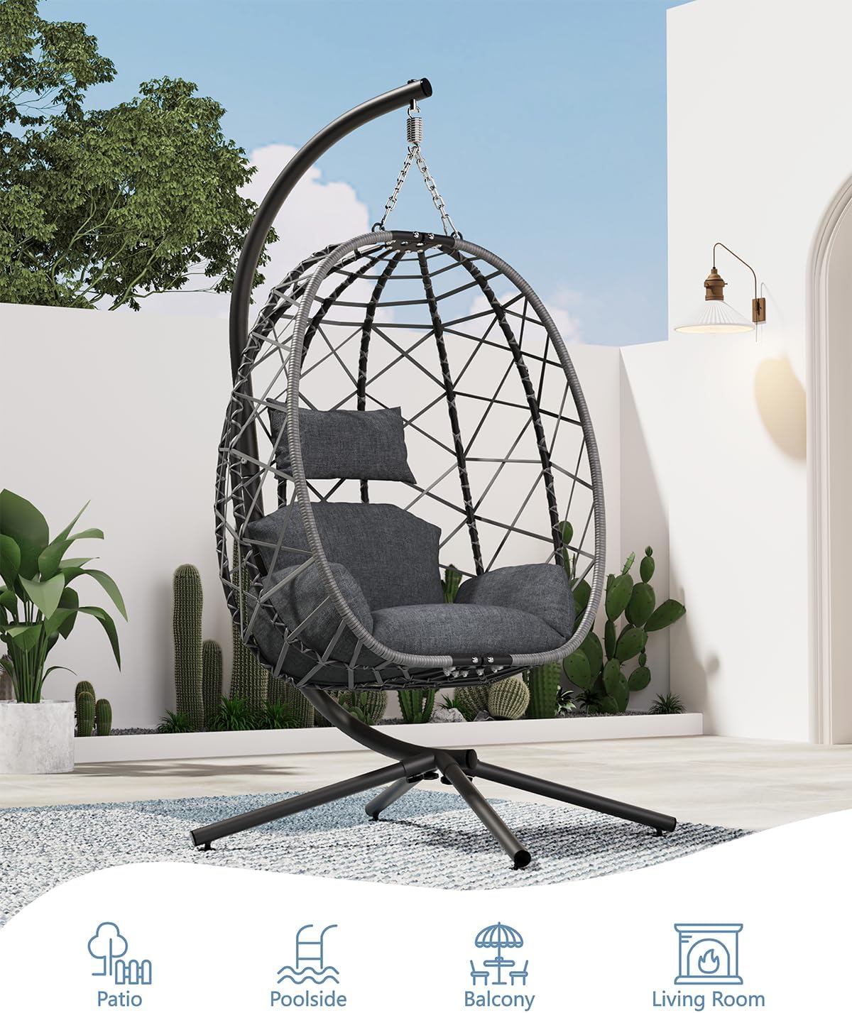 Hanging Egg Chair with Stand,  - Outdoor Furniture Grey のレビューと価格