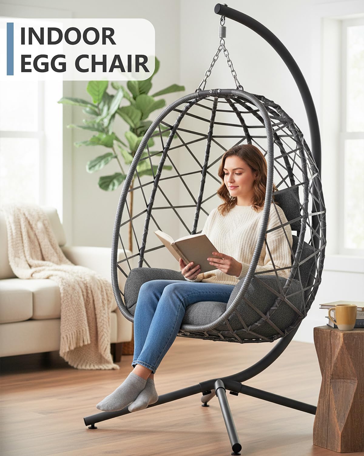 Hanging Egg Chair with Stand,  - Outdoor Furniture Grey のレビューと価格