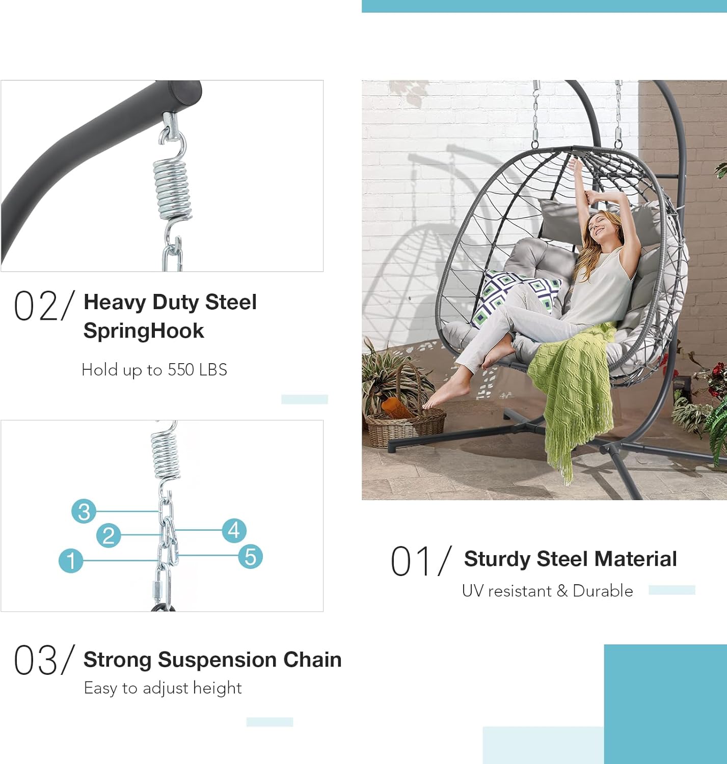 Double Egg Swing Chair with St - Outdoor Furniture Grey のレビューと価格