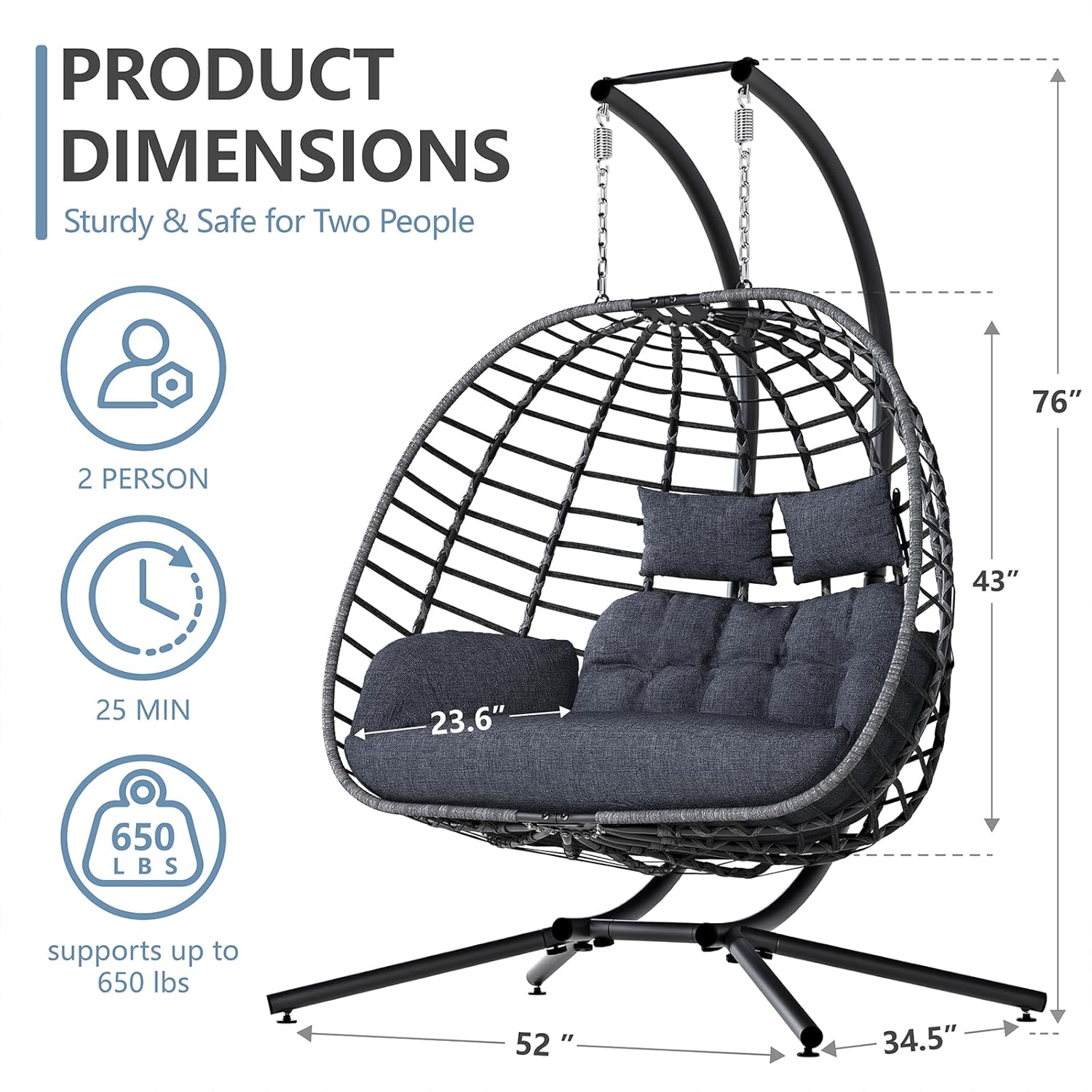 2 Person Egg Swing Chair with  - Outdoor Furniture Grey のレビューと価格