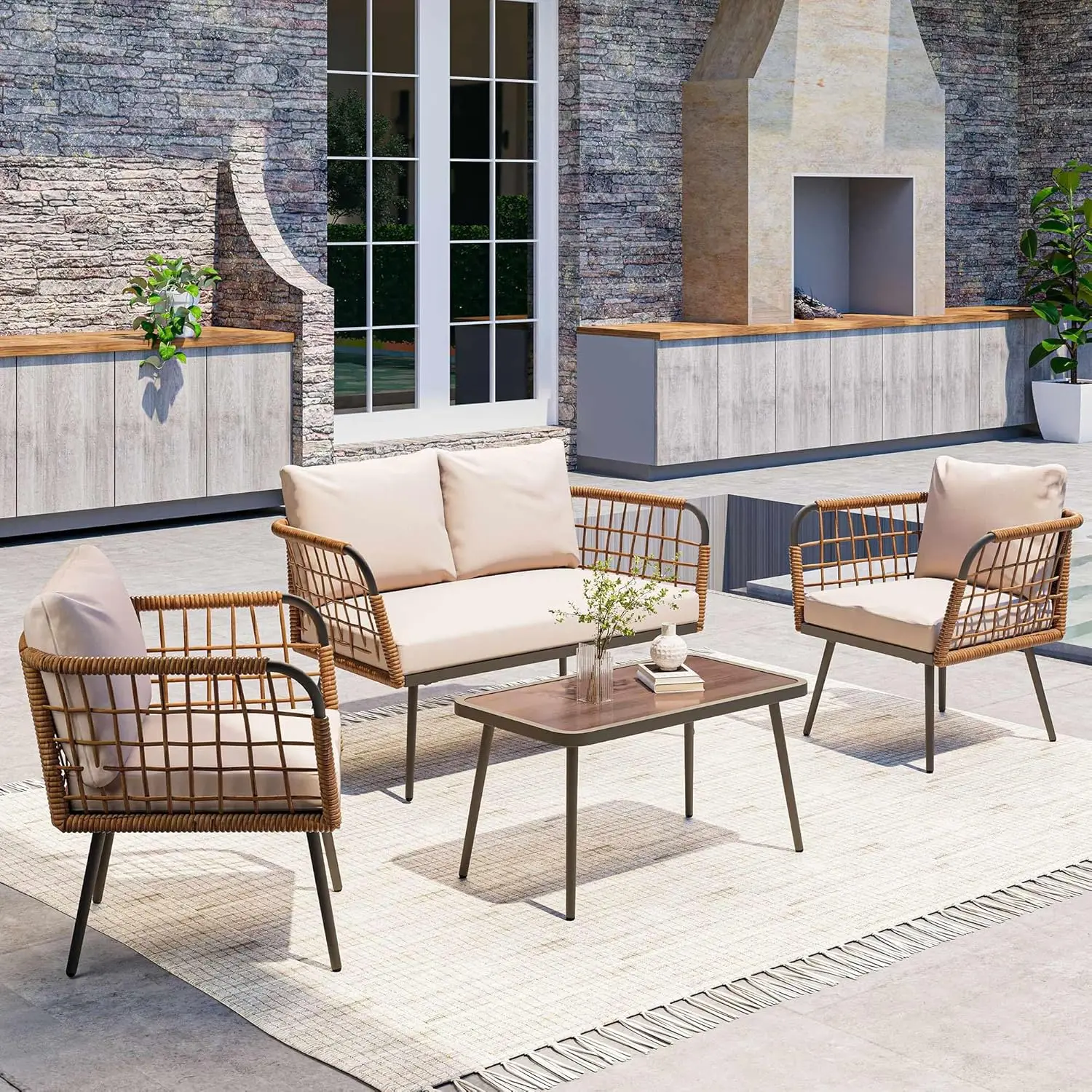 4 Piece Rattan Outdoor Furnitu - Outdoor Furniture Balcony のレビューと価格