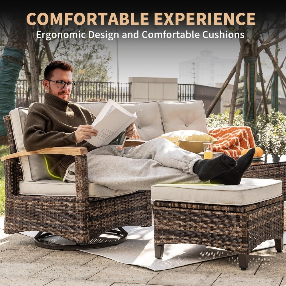 7pc PE Wicker Patio Set,Swivel - Outdoor Furniture Metal Chairs のレビューと価格